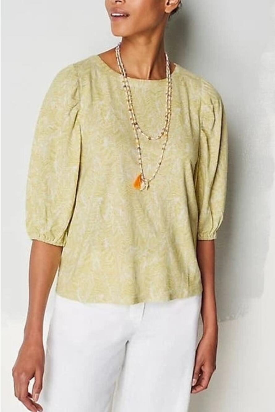 J. Jill Linen Puff Sleeve Top Sz L Abstract Palm Print Peasant Coastal Resort